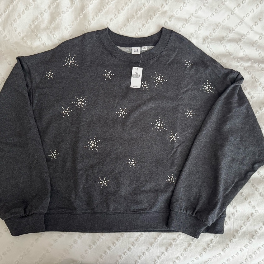 GAP Women’s Charcoal Gray Crewneck Sweatshirt with Silver Star Studs